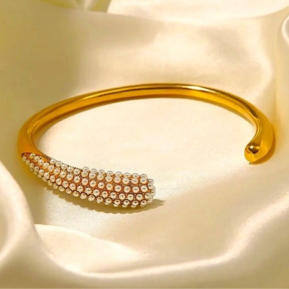 Anthropologie Luxury Pearl Irregular Bangle Cuff Edgy Geometric Gold Plated - Picture 1 of 9
